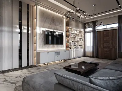 Living Room and Kitchen with Dinning Set Low-poly 3D model