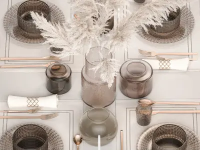 Table setting with a bouquet of white pampas grass 18 3D model