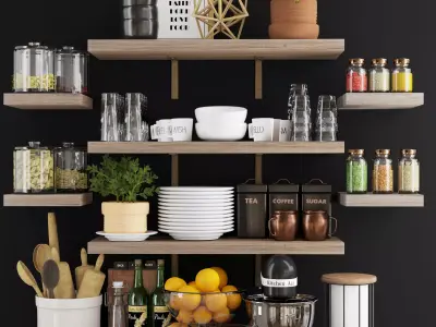 Kitchen accessories on wood shelves 3D model
