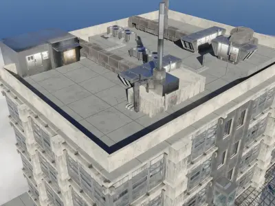 Dirty glass and concrete building with interior  Low-poly 3D model