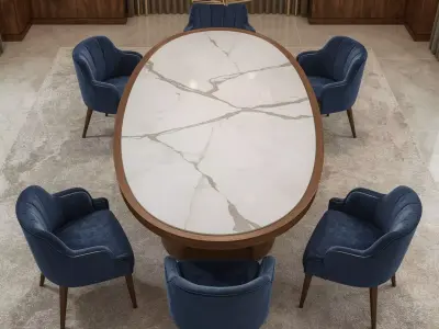 Modern Luxury Dining Set Marble Oval Table with Velvet Chairs 3D model