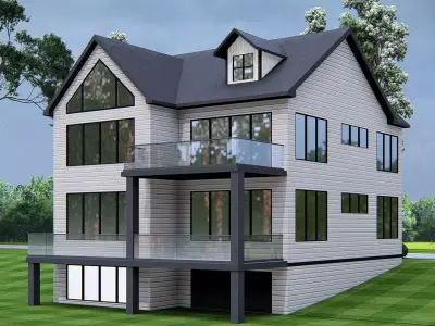 Modern American house exterior design with pitched roof 3D model