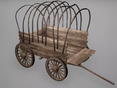 Carriage Low Poly Game Ready wooden covered wagon Low-poly 3D model