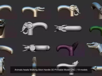 Animals heads Walking Stick Handle 3D Printable Model CNC 3D Model Collection