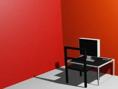 Office with desktop chair table and phone Free low-poly 3D model