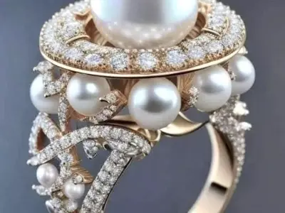 Luxury Pearl Ring 3D Jewerly Diamond Halo Gold Filigree Design Low-poly 3D model