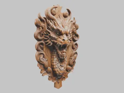 Wooden Dragon head wall mount Low-poly 3D model