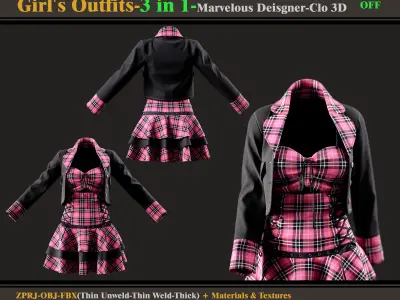 3 in 1 Girl Outfits- MD-Clo3d -OBJ - FBX -Materials-Textures 3D model
