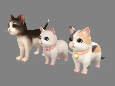 Cartoon three fat cats - pink female cat Low-poly 3D model