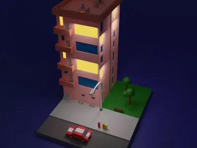 Low Poly House building with car Low-poly 3D model