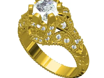 6 Prong Round Diamond Art Deco Ring 3D print model