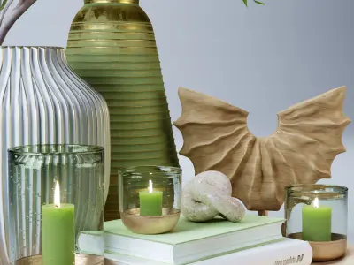 Eucalyptus Vase with Candles and Ornaments on a Tray 3D model