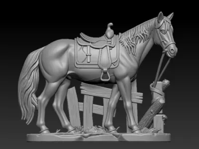 Western Horse Sculpture with Saddle and Rustic Fence  3D stl 3D print model
