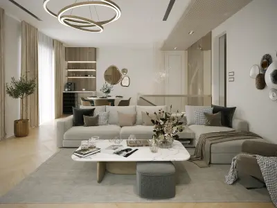 Luxury Modern Residence Interior Scene Living Dining Bath 3D model