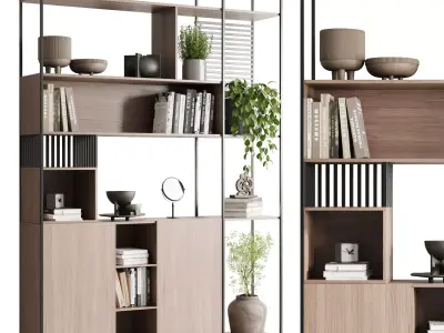 Metal Shelves Decorative With Plants and Book Wooden Rack 01 3D model