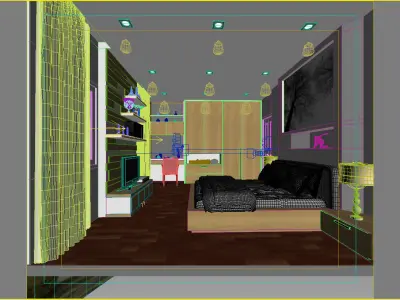 bedroom 1 with wooden floors and walls 3D model