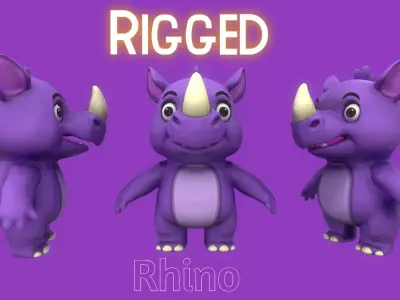 Rigged Violet Cute Playful Rhino  Low-poly 3D model