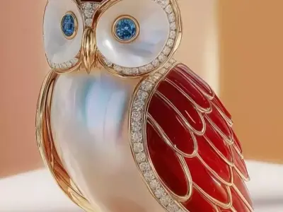 Luxury Owl Sculpture 3D Model Pearl Body Red Enamel Wings Low-poly 3D model