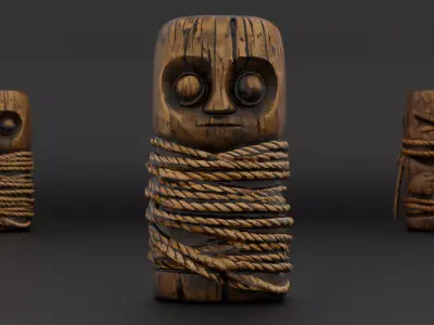 Rope-Wrapped Wooden Idols Pack 3 Ancient Carved Props Low-poly 3D model