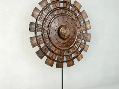 Wood Loom Wheel on Recycled Iron Stand 3D model