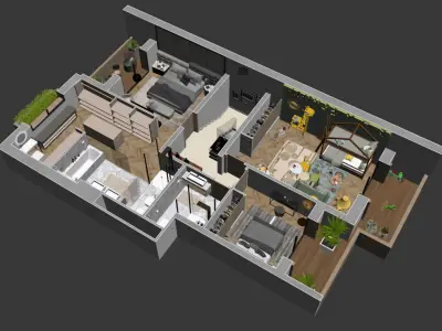3d floorplan S two bedroom apartment floor plan 3D model