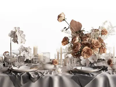 Tableware Set 3 3D model table with flowers and silverware 3D model