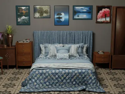 Modern Bed - Blue Theme 3D model