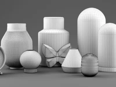 set 001 different vases and clocks 3D model
