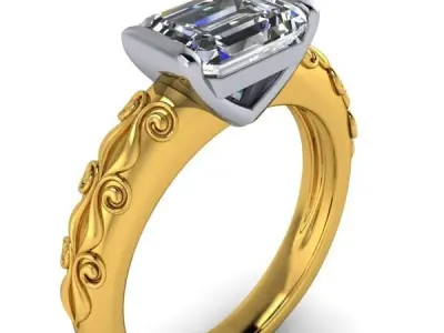 Vintage Emerald Cut Scroll Hand Crafted Engraving design Ring 3D print model