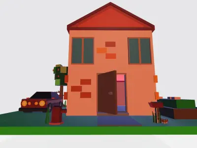 Simple but powerful low poly cube house with car Low-poly 3D model