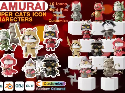 Samurai Super Cats Art Toy Charecters 10 Asset Low-poly 3D model