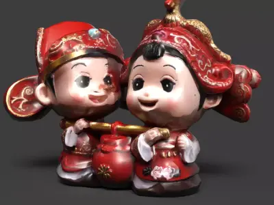 Chinese wedding couple doll  figure  Low-poly 3D model