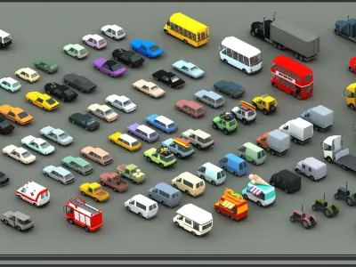 Stylized lowpoly vehicle pack with interior  Low-poly 3D model