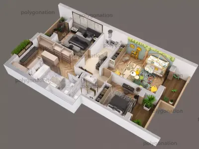 3d floorplan S two bedroom apartment floor plan 3D model