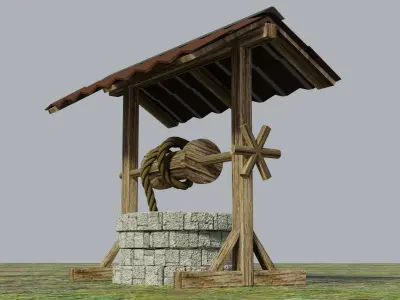 Stone Well with rope and mechanism 3D model