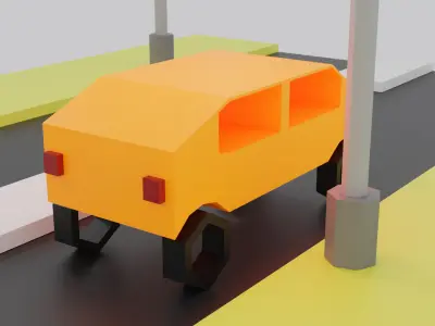 Toy car in road with street lights Low-poly 3D model