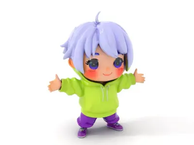 Adorable Chibi Character in Bright Hoodie  Rigged and Animated Low-poly 3D model