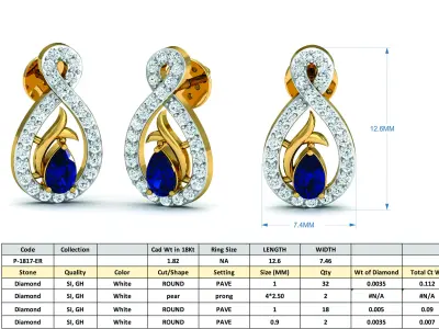 Solitaire Pear Diamond Earrings 3DM STL OBJ FBX Render Details 3D print model purchase