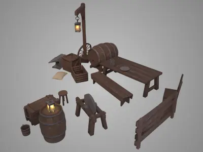 Medieval wooden village props Free 3D model