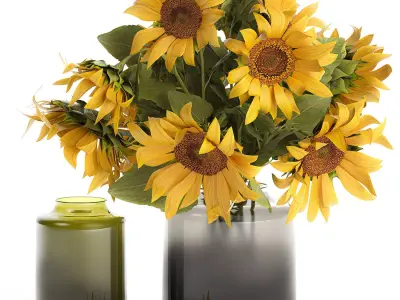 Bouquet Of Yellow Sunflowers In A Glass Vase 3D model
