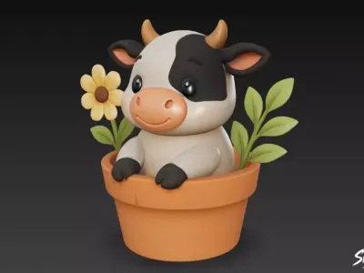 Cow in Flower Pot Low-poly 3D model