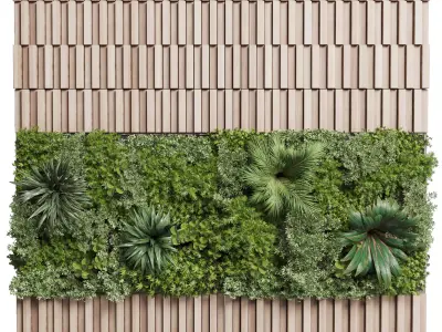 Wooden Panels and Vertical Wall Garden collection of houseplant 3D model