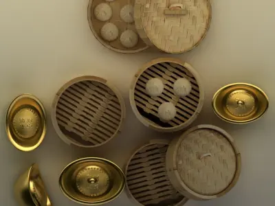 Chinese gold ingot and bamboo steamer buns  3D model