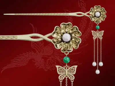Chinese Traditional Flower Golden Hairstick-Hair Pin-Accessories Low-poly 3D model