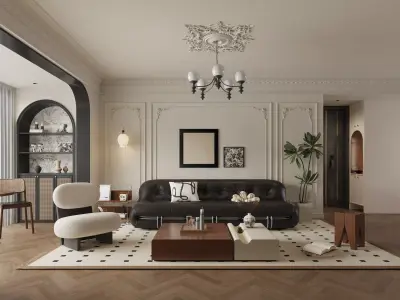 French style living room and kitchen 3D model