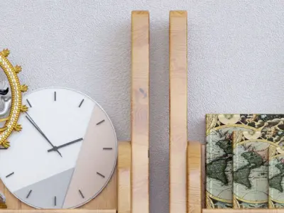 Set-170 wooden ladder shelf with clock and vases 3D model