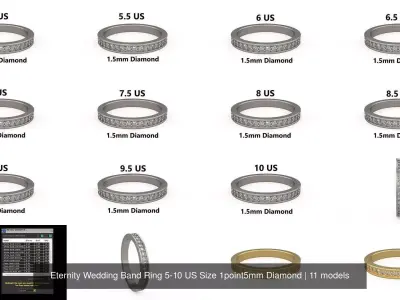 Eternity Wedding Band Ring 5-10 US Size 1point5mm Diamond 3D Model Pack