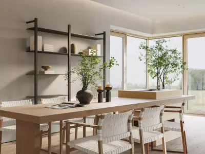 Natural living room and dining room interior 3D model