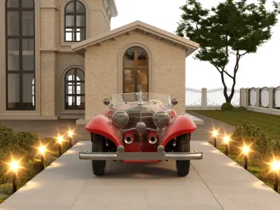 3d scene  luxury house with classic old car 3D model