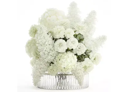 Realistic Bouquet White Flowers Lilac Hydrangea peony vase glass 3D model